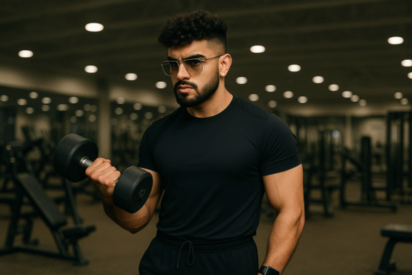 A standing with a dumbbell on gym floor