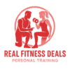 fitness gym personal training sessions logo - name should be Real Fitness Deals, color should be red and pinkish, white, transparent