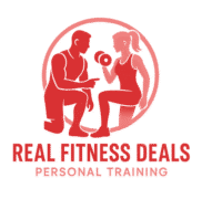 fitness gym personal training sessions logo - name should be Real Fitness Deals, color should be red and pinkish, white, transparent